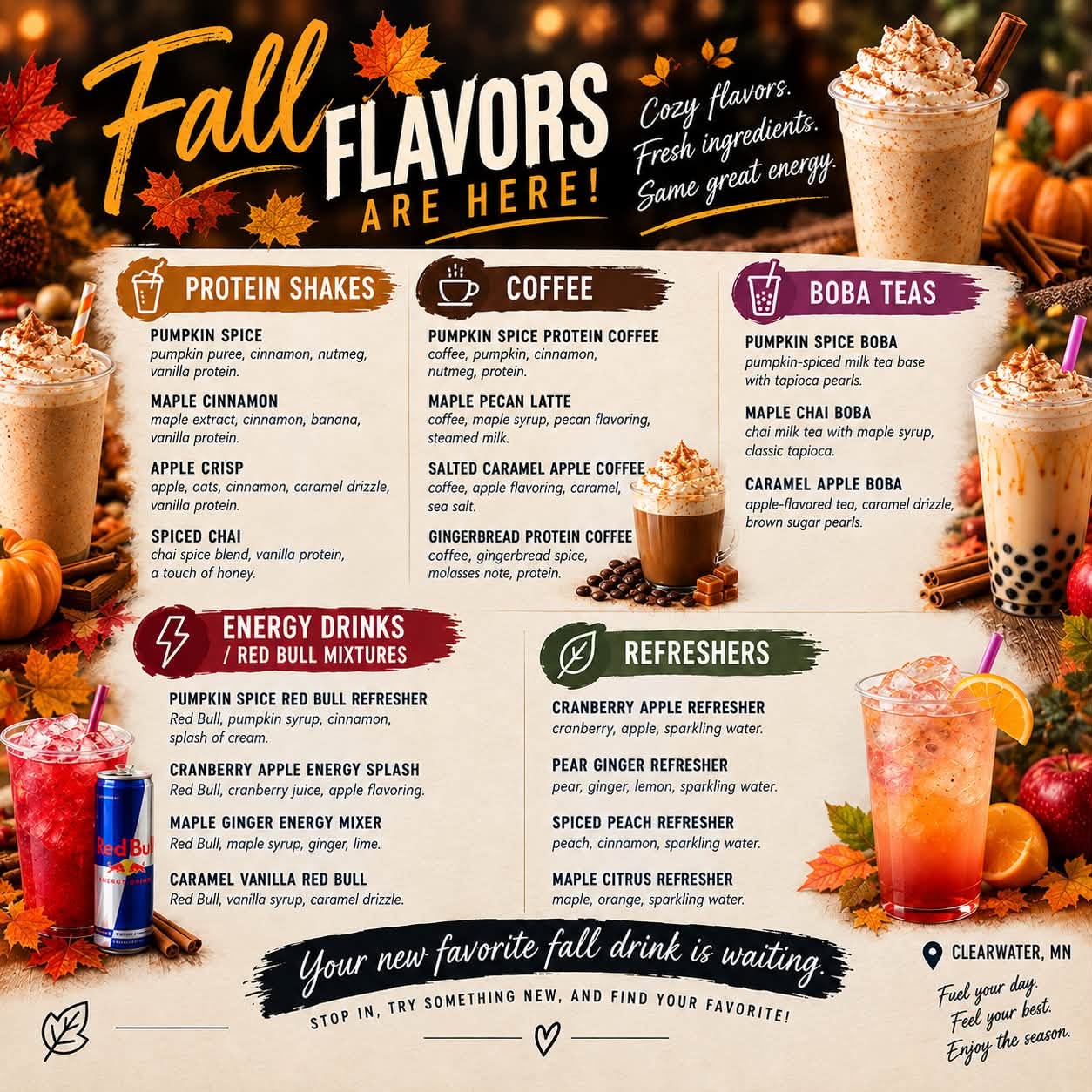 Fall Flavors Are Here — Clearwater Blending Co. fall menu with pumpkin spice shakes, coffee, boba, Red Bull infusions, and refreshers