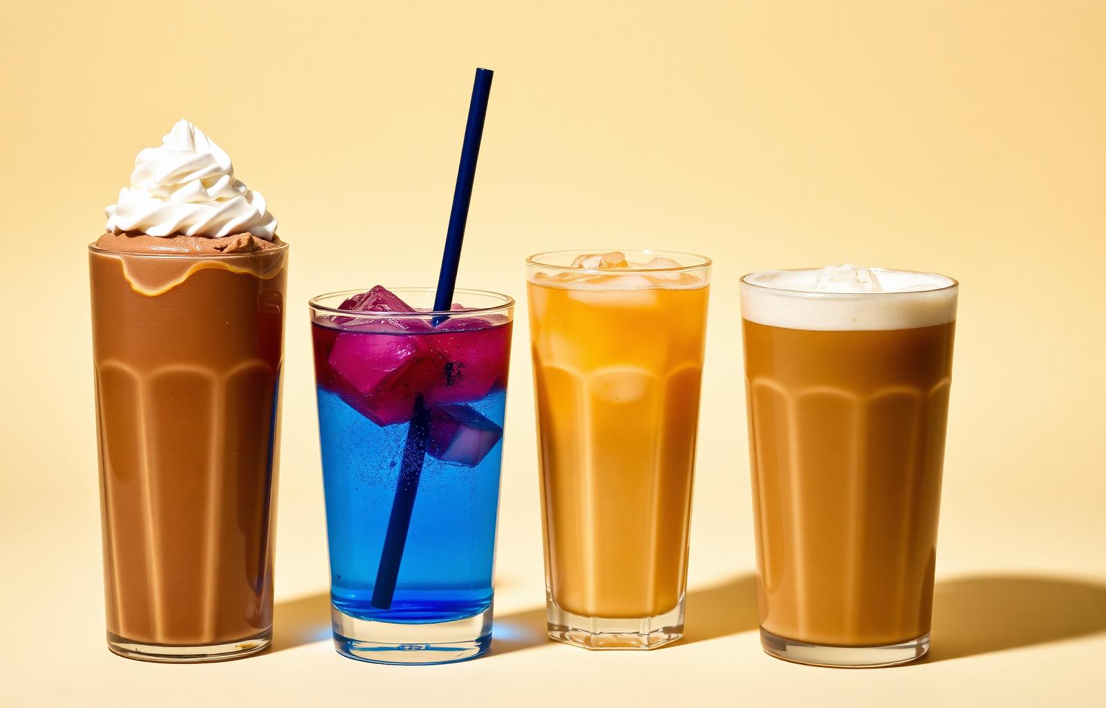 Four signature drinks: chocolate protein shake, blue loaded tea, mango refresher, iced protein coffee