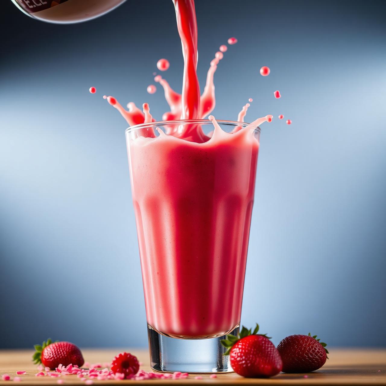 Strawberry protein shake being poured into a glass with bright splash